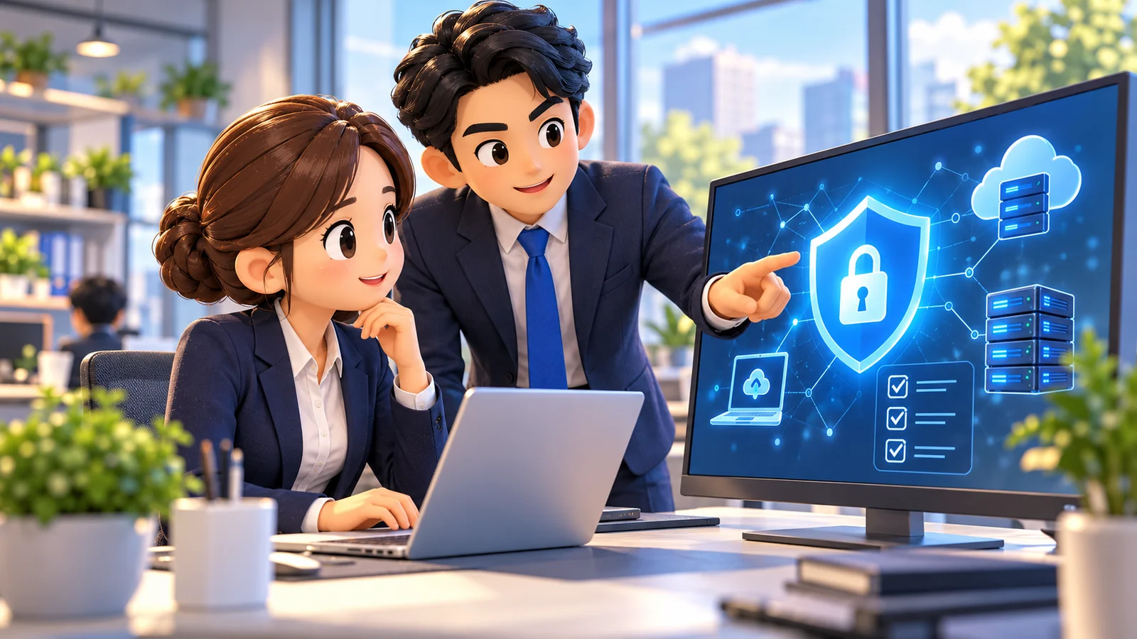 企業の担当者がサイバーセキュリティ対策を確認するイメージイラスト